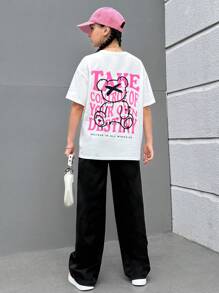 SHEIN Áo thun tay ngắn cổ tròn trơn cho bé gái tuổi teen có in khẩu hiệu và hoạt hình - trắng - Xem 5