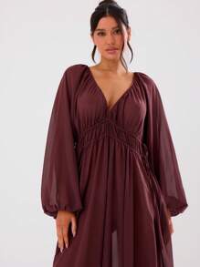 MUSERA Low Plunge Balloon Sleeve Loose Fit Maxi Dress Spring Summer Vacation Beach Long Dress Elegant Graduation Prom - Red Violet - View 5