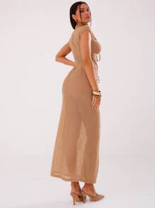 MUSERA 镂空褶皱长款连衣裙，优雅春夏度假派对长裙，毕业舞会礼服 - 咖啡 - 查看 2