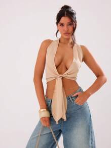 MUSERA 性感夏季露背深V系带上衣，适合夏季伊比沙岛音乐节、春季复活节假期 - 米色 - 查看 1