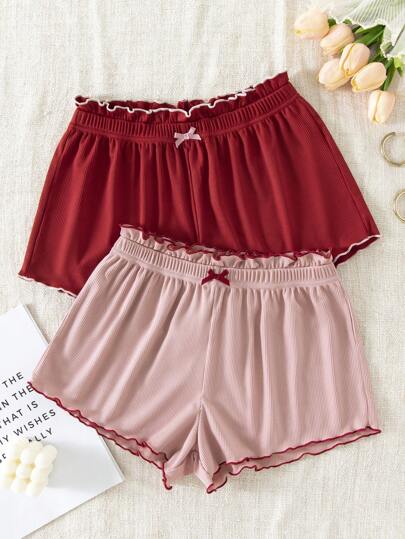 2pcs Lettuce Trim Bow Front Sleep Shorts