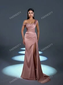 Faeriesty Elegant Sophisticated Satin Asymmetric Maxi Dress With Sequin-Decor Shoulder & Fish-Tailed High-Waisted Slit | Dramatic Evening Look For Galas, Parties Or Luxury Events Party Dress Wedding Guest Dress Formal Dress,Gown