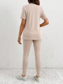 SHEIN Maternity Daily Casual Wear, 2pcs Ribbed Stand Collar Top With Split Hem Pants, Solid Color Slim Fit - Apricot - View 2