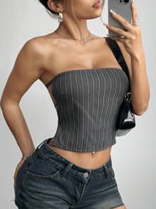 SHEIN Unity Women Striped Print Backless Tube Top Strapless Top - Grey - View 8