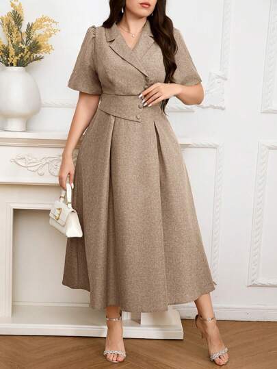 Modelyn 大码夏季纯色方领短袖女士连衣裙长款晚礼服