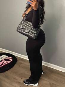 SHEIN Đầm dài tay đơn giản hàng ngày màu trơn cho nữ cỡ lớn - màu đen - Xem 2