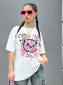 SHEIN Camiseta con estampado de oso de peluche y eslogan para adolescentes, adecuada para uso casual de verano