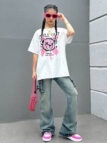 SHEIN Camiseta con estampado de oso de peluche y eslogan para adolescentes, adecuada para uso casual de verano