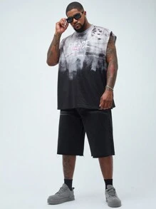 Manfinity EZcore Men's Plus Size Loose Fit Denim Shorts With Patchwork And Frayed Hem Design - Black - View 4