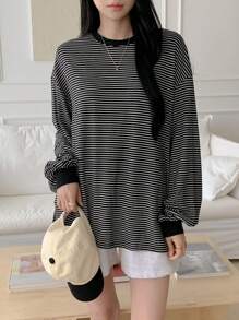 DAZY 女士条纹圆领落肩长袖T恤，新款秋季，返校服，秋季女装