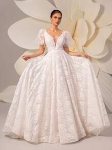 Nuevo vestido de novia elegante de manga abullonada con escote en V, encaje floral, parche de malla transparente y malla para mujer - Blanco - Ver 4