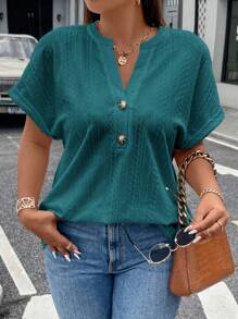 SHEIN LUNE 加大號凹口領蝙蝠袖T恤 - 水鴨藍 - 查看 6