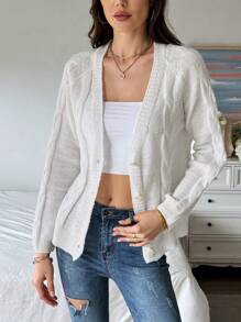 SHEIN LUNE Cable Knit Raglan Sleeve Cardigan - Beige - View 1