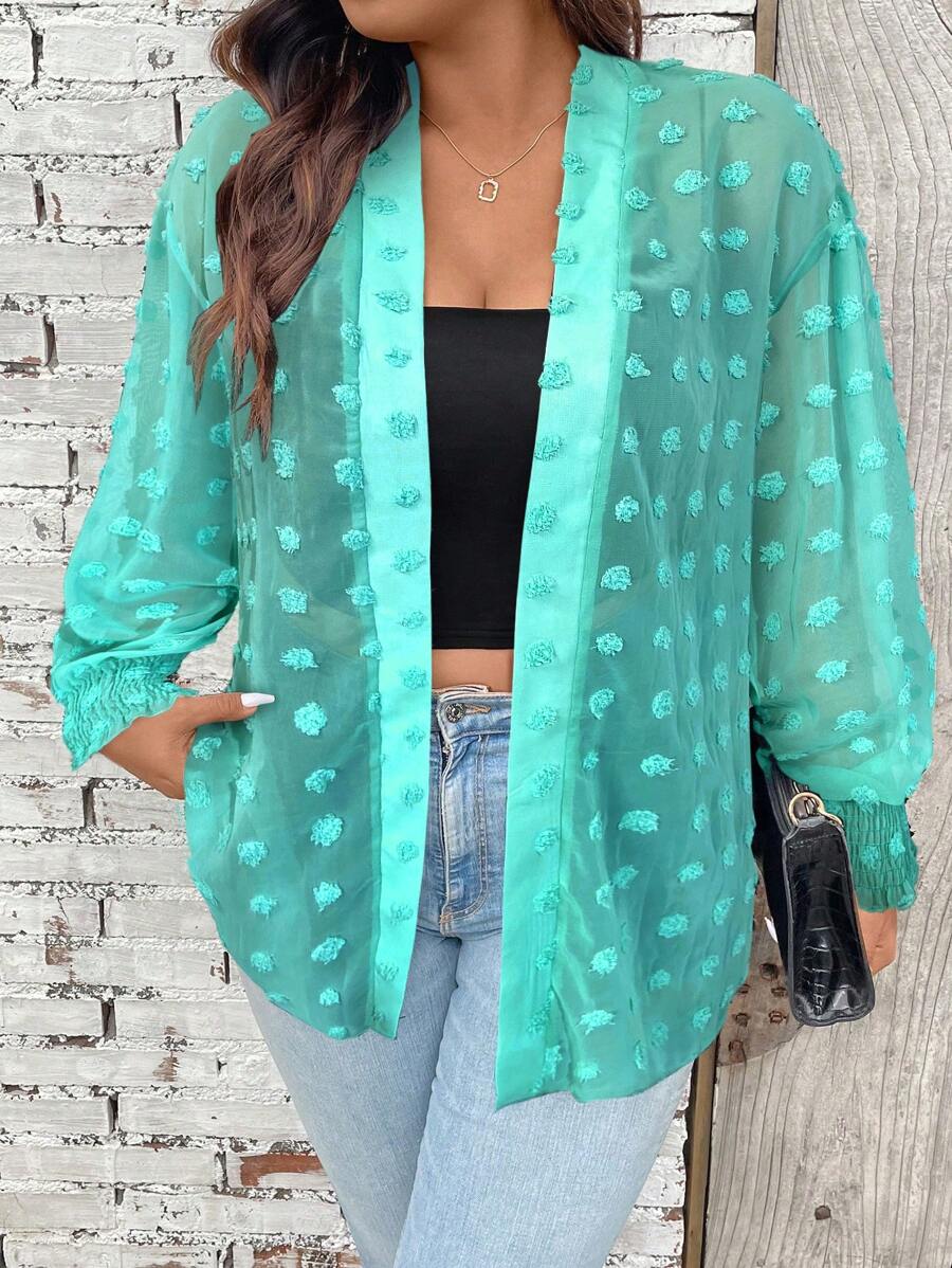 Calvaya Plus Swiss Dot Drop Shoulder Open Front Coat - Green - View 1