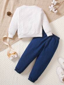 SHEIN Vintaside Kids 2pcs Young Boys Jockey Graphic Print Textured Knit Crew Neck Sweatshirt & Washed Denim Long Pants Outfit, Suitable For Back To School, Autumn/Winter, Halloween, Christmas - White - View 2