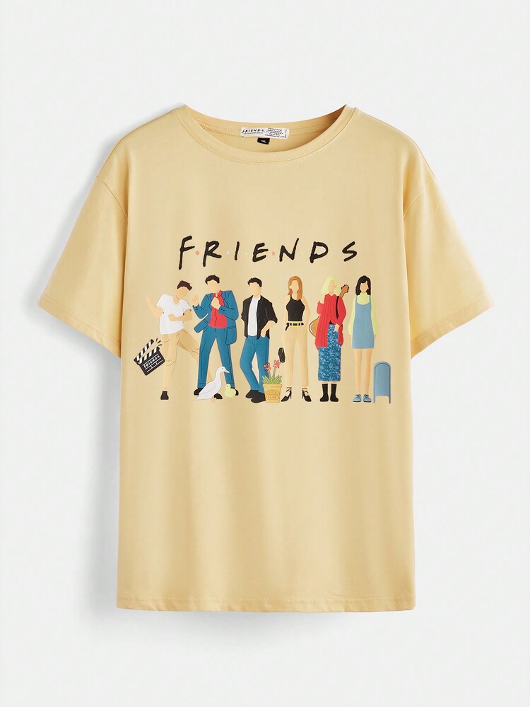 FRIENDS X SHEIN 大尺碼休閒寬鬆T卹，帶有卡通彩色字符藝術印花，適用於夏季 - 卡其色 - 查看 3