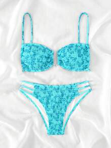 SHEIN Swim Floral Print Shirred Cut-Out Bikini Set 2 Pieces Bathing Suits Summer - Mint Blue - View 1