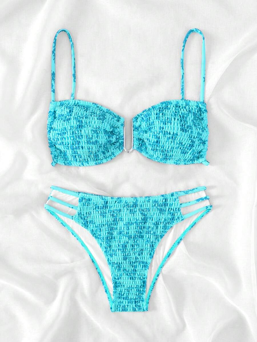SHEIN Swim Floral Print Shirred Cut-Out Bikini Set 2 Pieces Bathing Suits Summer - Mint Blue - View 1