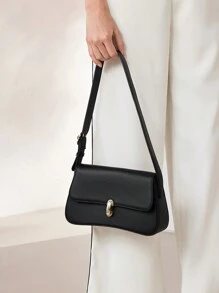 MOTF PREMIUM 纯色通勤简约时尚金属扣翻盖单肩包，多功能，女士包包优雅，奢华 - 黑色 - 查看 7