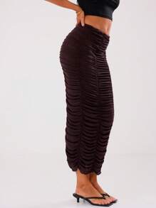 MUSERA Mesh Double Ruched Fitted Maxi Skirt Elegant Summer Sexy Party - Brown - View 4