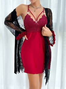 酒红色真丝露背吊带睡袍和撞色3D花朵宽袖蕾丝长袍睡衣套装 - 彩色 - 查看 3