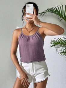 SHEIN LUNE Áo hai dây xếp li thông thường màu trơn mùa hè dành cho nữ - Màu tím hoa cà - Xem 6