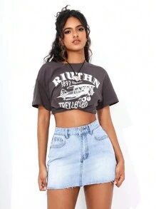 SHEIN PETITE 夏季休閒原邊荷葉邊牛仔裙 - 淺色水洗藍 - 查看 4