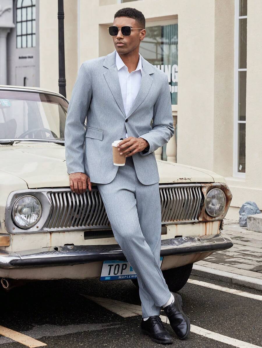Manfinity Bizformal Men's Spring Autumn Commuter Herringbone Pattern Suit Set, Including Coat And Trousers - Grey - View 1