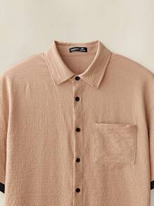 Manfinity VCAY Bộ áo sơ mi dệt tay ngắn dáng rộng cho nam, hoàn hảo cho mùa hè đi học - Màu Khaki - Xem 5