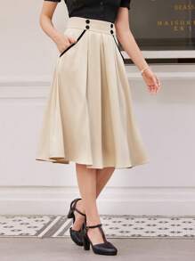 Vintamour 复古优雅女式 A 字裙，编织褶皱搭配撞色边缘，双排扣带口袋，适合度假和工作通勤返校服秋季女装老款商务女装休闲服教师服秋季服装工作女装 - 杏色 - 查看 3