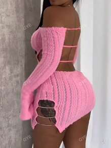 Vestido ajustado con hombros descubiertos y diseño calado de color liso, vestido corto de mujer sexy con corte, borde de lechuga, manga larga dividida con hombros descubiertos, ajuste regular, mangas cortas acampanadas, vestido corto liso para mujer, uso diario casual, primavera/otoño