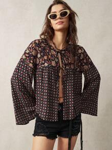 Bohemela Women's Vintage Shirt With Floral Pattern And Tie Front For Pre-Vacation - Multicolor - View 3