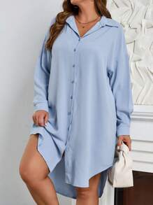 SHEIN Essnce 女裝大碼藍色插肩衫裙，長款式 - 藍色 - 查看 6