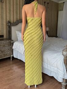 Chiquease Vestido ajustado sin mangas con tirantes espagueti, escote descubierto en la espalda y rizo con dobladillo de volante de malla 3D, para mujer - Verde - Ver 5