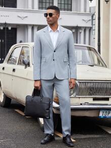 Manfinity Bizformal Men's Spring Autumn Commuter Herringbone Pattern Suit Set, Including Coat And Trousers - Grey - View 3