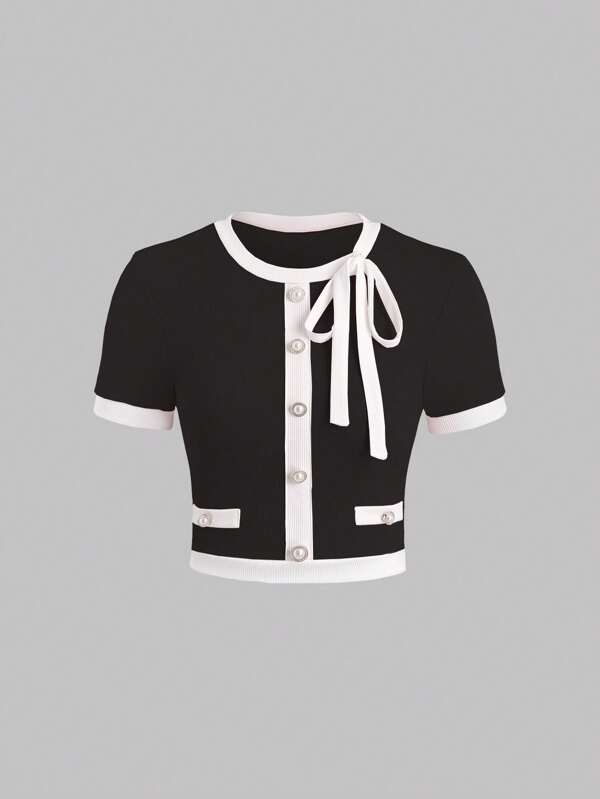 Sweetra Contrast Trim Tie Front Tee Graphic Tees Women Tops