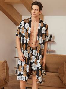 Conjunto de ropa de dormir para hombre con camisa de manga corta informal estampada con flores y pantalones cortos de verano - Negro - Ver 1