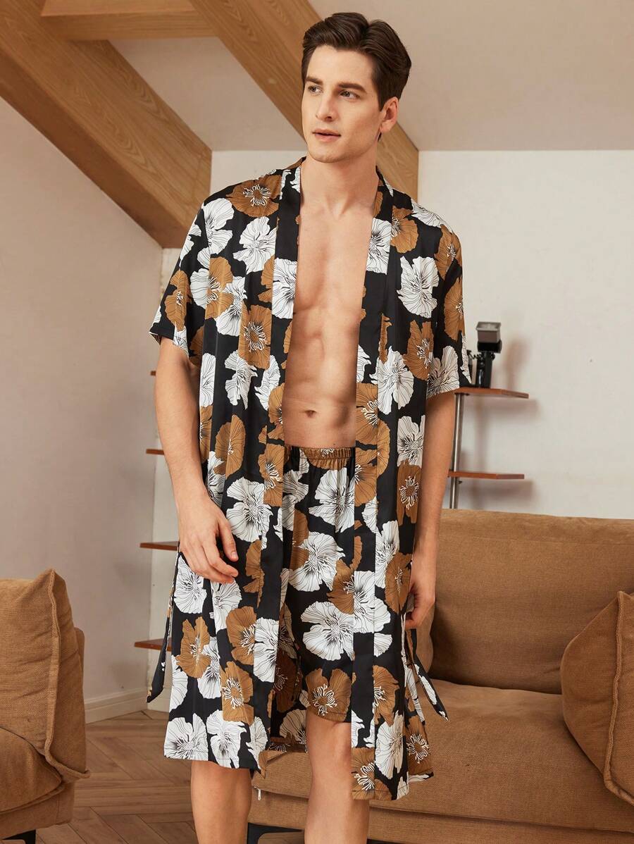 Conjunto de ropa de dormir para hombre con camisa de manga corta informal estampada con flores y pantalones cortos de verano - Negro - Ver 1