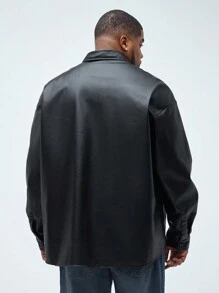 Manfinity VCAY 男式大尺碼休閒寬鬆編織PU皮革垂肩壓線落肩领長袖襯衫，適用於春秋季節 - 黑色 - 查看 6