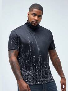 Manfinity VCAY Men's Plus Size Slim Fit Knitted Short Sleeve T-Shirt With Glittery Star Printed Pattern And Turtleneck Collar, Suitable For Summer
