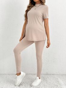 SHEIN Maternity Daily Casual Wear, 2pcs Ribbed Stand Collar Top With Split Hem Pants, Solid Color Slim Fit - Apricot - View 6