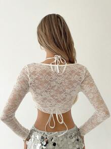 SHEIN ICON Women's Lace Spliced Cross Tie Crop Top With Cut-Out Detail, Spaghetti Strap With Circular Ring, Back Tie - White - View 2