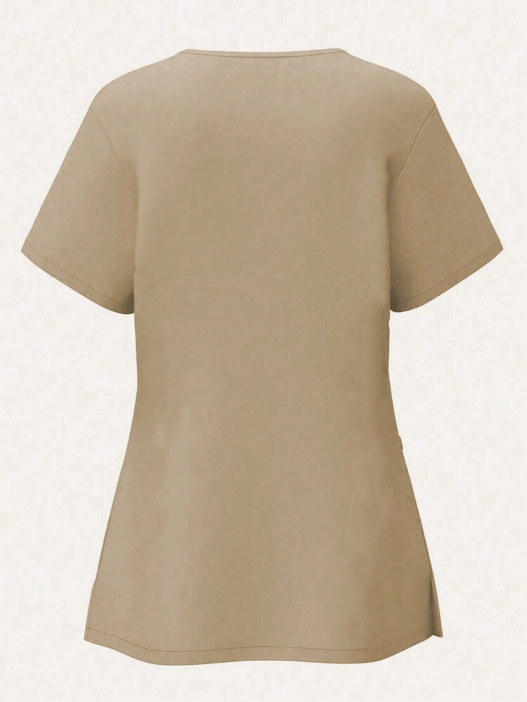 2 件/护理手术制服套装：纯色 V 领短袖上衣和裤子 - 杏色 - 查看 2