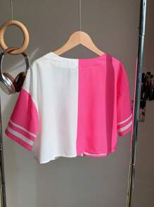 Comfortcana 热粉色字母图案双色落肩短款针织衬衫，短袖上衣 - 彩色 - 查看 3