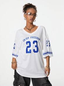 SHEIN EZwear 女款夏季垂墜肩V領足球運動衫，印有字母印花 - 白色 - 查看 1