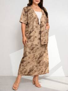 Mulvari Conjunto de 2 piezas con chaqueta y falda de tela efecto tie-dye con bolsillos duales en talla grande