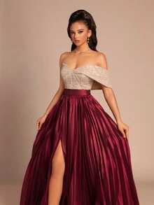 新款V领撞色拼接侧开衩后拉链高端优雅晚礼服派对礼服婚礼宾客礼服正式礼服春季 - 酒紅色 - 查看 5