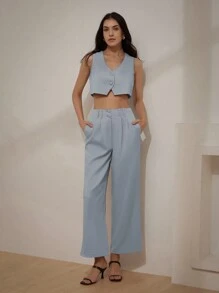 Aveloria Modichic Professional Texture V-Neck Crop Top And High Waist Pleated Pants Women's Two-Piece Set For Commuting