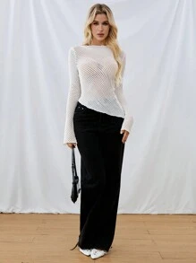 SHEIN Essnce Damski T-shirt z długim rękawem w kolorze kości słoniowej i asymetrycznej fakturze