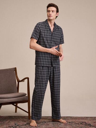 EverLounge Men's Front-Buttoned Plaid Home Suit Set